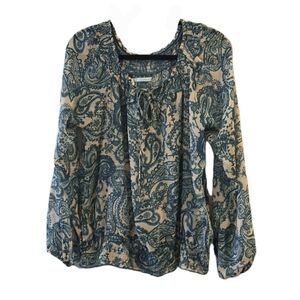 Maurices Paisley Blouse Womens Large Green Tan Tassels Long Sleeve Bohemian Chic